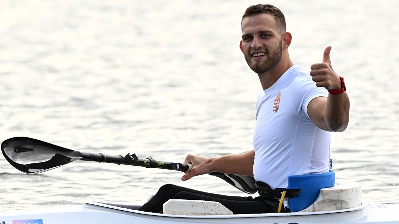 A győztes Kiss Péter Pál a KL1 kategóriájú férfi parakajak 200 méteres döntője után a 2024-es párizsi nyári paralimpiai játékokon 2024. szeptember 7-én.