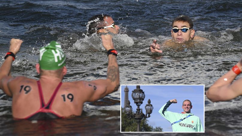Rasovszky Kristóf (19) és Betlehem Dávid a férfi 10 kilométeres nyíltvízi úszás versenye után a Szajnában, a kis képen a győzelmét ünneplő Rasovszky 2024. augusztus 9-én.