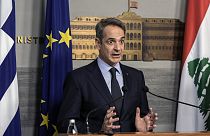 Greek Prime Minister Kyriakos Mitsotakis speaks during a joint press conference with Lebanese caretaker Prime Minister Najib Mikati, at the government palace in Beirut.