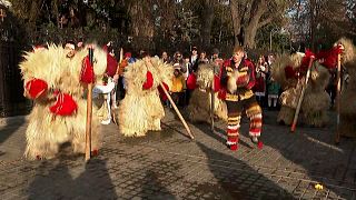 Dancers dressed as bears at a traditional folk festival in Galari, Romania on 15.12.2024