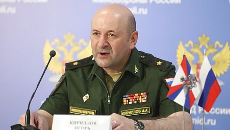 Maj. Gen. Igor Kirillov, the chief of the Russian military's radiation, chemical and biological protection unit, attends a briefing in Kubinka Patriot park outside Moscow.