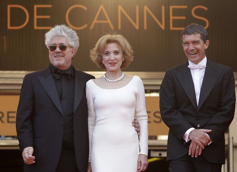 Pedro Almodovar, left, Marisa Paredes and Antonio Banderas arrive for the screening of The Skin I Live In - Cannes - 2011