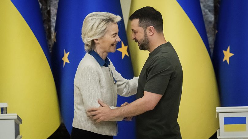 Ursula von der Leyen, left, President of the European Commission, and Ukrainian President Volodymyr Zelenskyy, following a press conference in Kyiv, Ukraine, Sept. 20, 2024. 