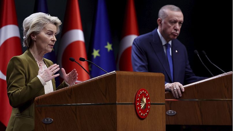 European Commission President Ursula von der Leyen, left, with Turkey President Recep Tayyip Erdogan during a joint press conference in Ankara on Dec. 17, 2024.