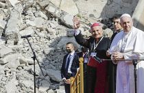 Pope Francis prays for victims of war in Mosul, Iraq, on 7 March, 2024. 