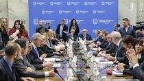 Executives from Stellantis and economic, labor and economic development ministers sit during a meeting held at the Ministry of Enterprise and Made in Italy in Rome.