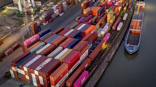 Multi-coloured containers seen in Frankfurt harbour