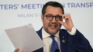 Il vicepremier e ministro delle Infrastrutture e dei Trasporti, Matteo Salvini, a una conferenza stampa durante il G7 Trasporti, Milano, 13 aprile 2024.