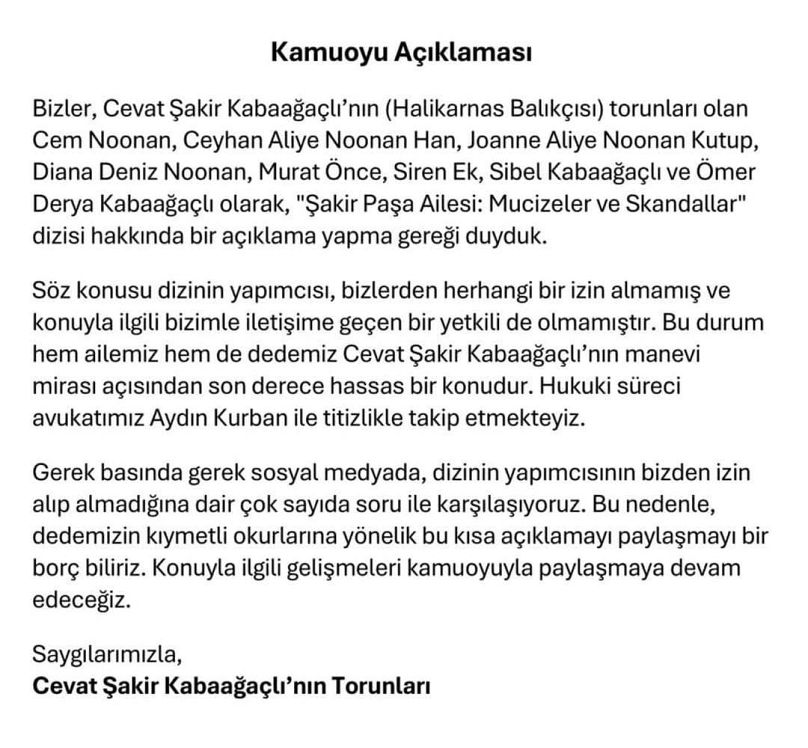 Cevat Şakir Kabaağaçlı'nın (Halikarnas Balıkçısı) torunları tarafından yayınlanan ortak açıklama.