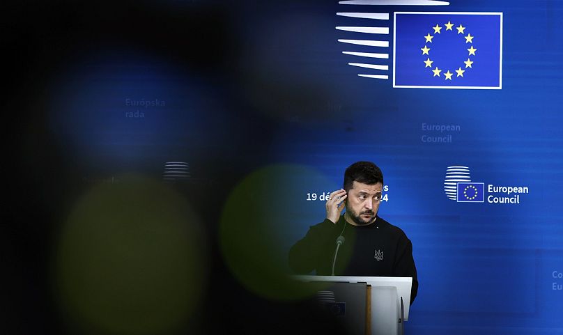 Volodymyr Zelenskyy spoke to the press after meeting with EU leaders in Brussels.