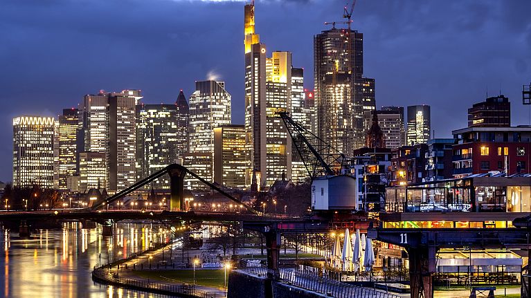 The banking district at night in Frankfurt, Germany,