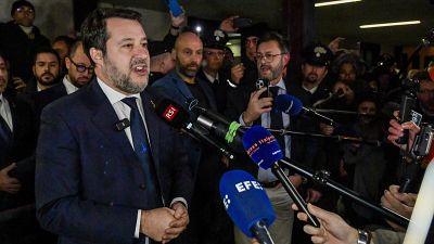 Italy's vice Premier Matteo Salvini speaks to journalists as he leaves a Palermo law court in Sicily, 20 December, 2024