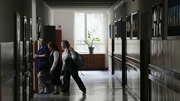 Children walk in the corridor of Primary School number 223 in Warsaw, 3 April 2024