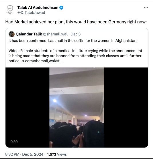 Taleb Al. criticises Angela Merkel, claiming her policies would have led Germany to face similar restrictions on women as seen in Afghanistan.