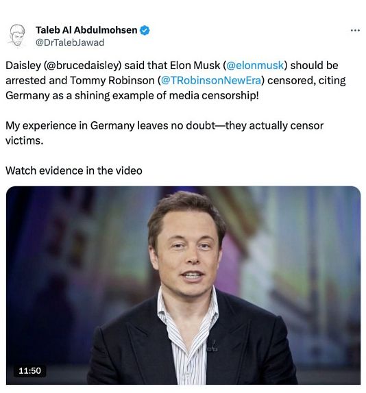 Taleb Al. accuses Germany of media censorship, citing his experiences and criticising calls to arrest Elon Musk and censor Tommy Robinson.