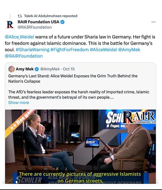 Taleb Al. reposts claims from Alice Weidel warning of a future under Sharia law in Germany, framing her fight as a defence against Islamic dominance.