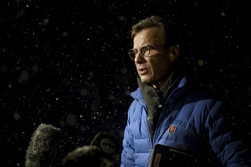 Sweden's Prime Minister Ulf Kristersson speaks to the press prior the North-South Summit in Saariselka, Finland.