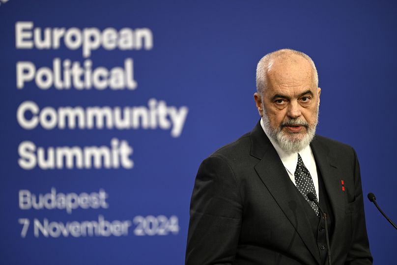 Albania's Prime Minister Edi Rama holds a press conference after the European Political Community Summit in Budapest, 7 November, 2024
