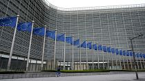 European Union flags flap in the wind outside the EU headquarters in Brussels, 5 April, 2024