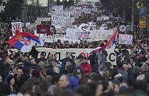 People attend a protest against the Serbian authorities in Belgrade, Serbia, Sunday, Dec. 22, 2024. (AP Photo/Darko Vojinovic)