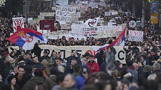 People attend a protest against the Serbian authorities in Belgrade, Serbia, Sunday, Dec. 22, 2024. (AP Photo/Darko Vojinovic)