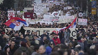 People attend a protest against the Serbian authorities in Belgrade, Serbia, Sunday, Dec. 22, 2024. (AP Photo/Darko Vojinovic)