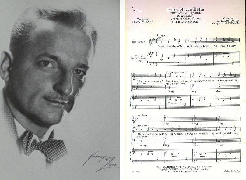 American conductor and composer Peter Wilhousky (left) and fragment of the Carol of the Bells music sheet from 1936 (right).