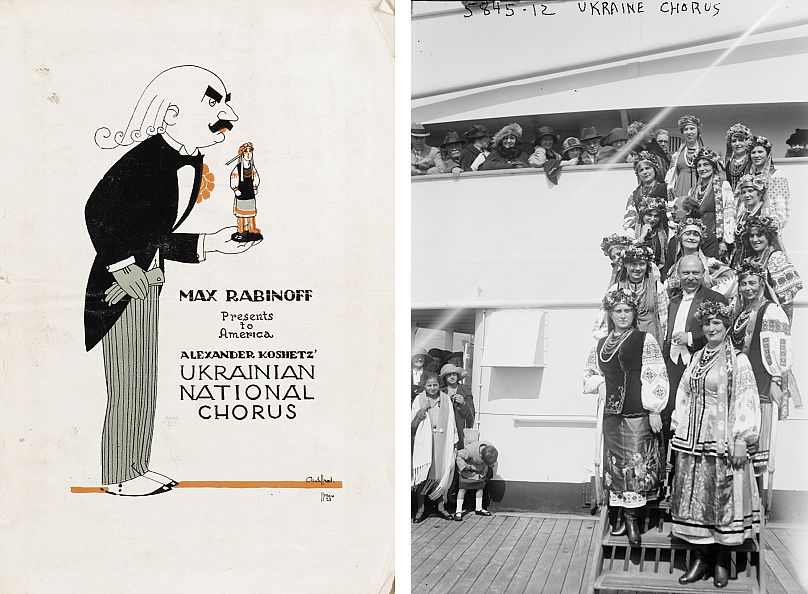 Tour booklet of the choir of Oleksandr Koshyts in the US with an image of Max Rabinov (left.) A photo of Ukrainian singers arriving in New York (right).