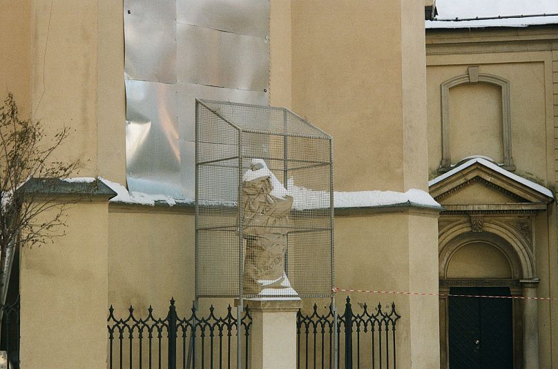 Ukrainian statue protected in Lviv.