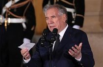 Newly named Prime Minister François Bayrou speaks after the handover at the Prime Minister residence, Friday, Dec. 13, 2024 in Paris.