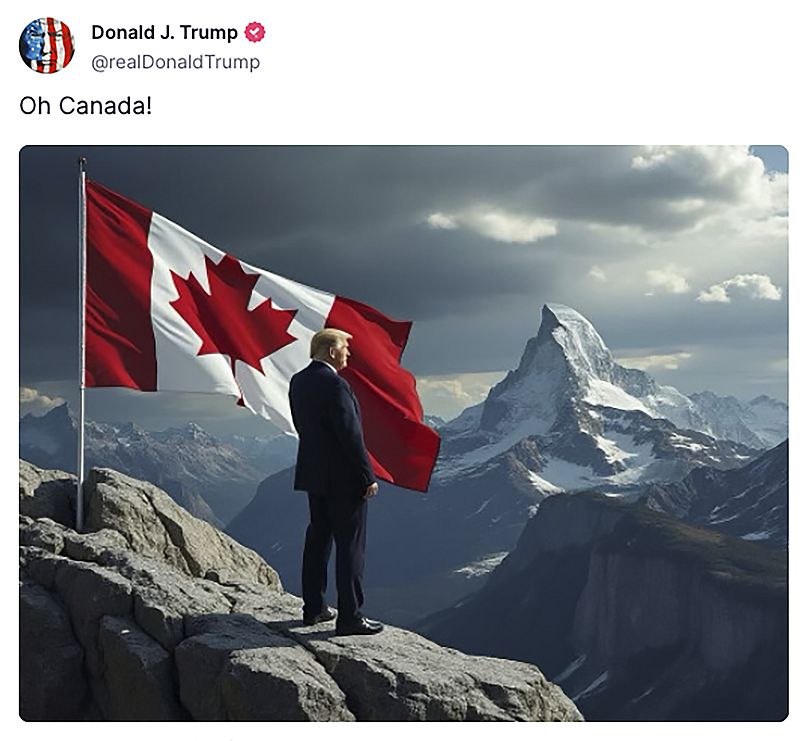 تظهر هذه الصورة الملتقطة من حساب دونالد ترامب على موقع " تروث سوشيل" صورة للرئيس المنتخب دونالد ترامب وهو يقف بجانب علم كندي وعينه على جارته.
