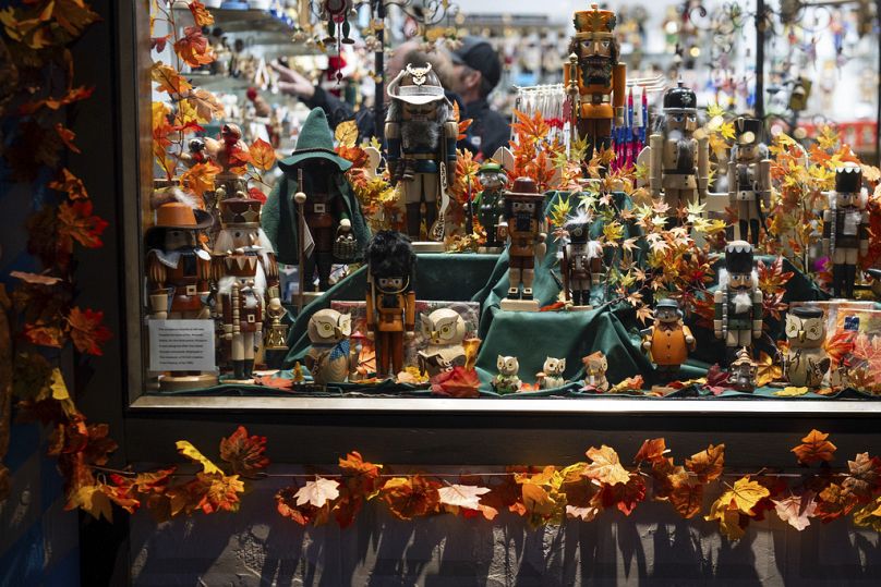 Nutcrackers are displayed outside the Leavenworth Nutcracker Museum