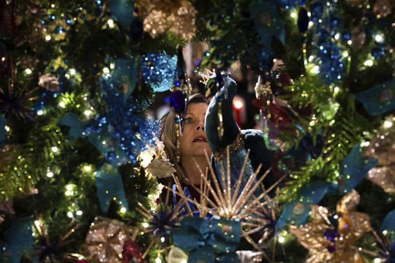 A person looks at a peacock display at Kris Kringl 