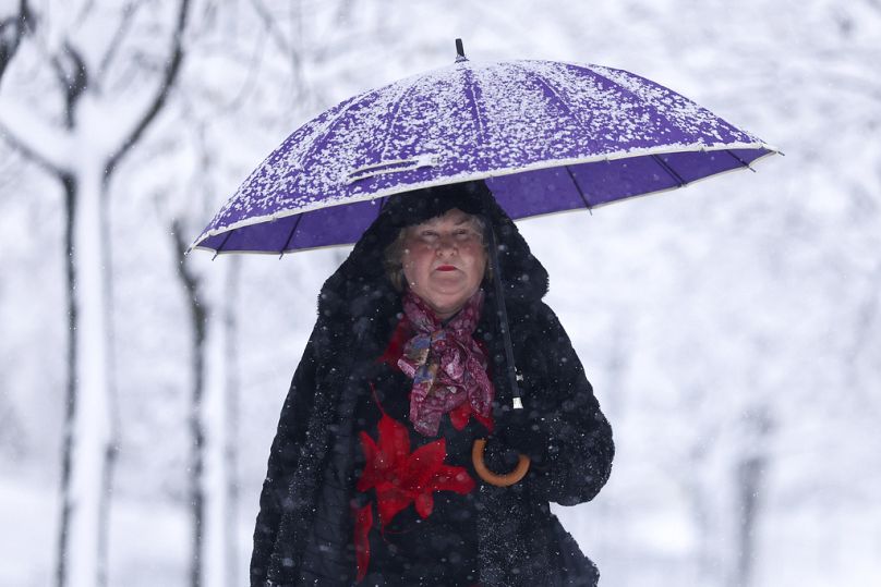 A woman walks through the park during heavy snowfall in Sarajevo, Bosnia, Tuesday, Dec. 24, 2024