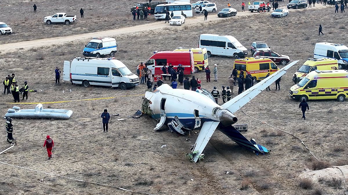 Azerbaycan Hava Yolları'na ait Embraer 190 uçağının enkazı, Kazakistan'ın Aktau havaalanı yakınlarında yerde.