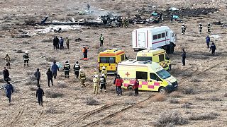 The wreckage of Azerbaijan Airlines Embraer 190 lays on the ground near the airport of Aktau, 25 December 2024
