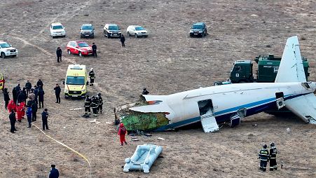 The wreckage of Azerbaijan Airlines Embraer 190 lays on the ground near the airport of Aktau, Kazakhstan, Wednesday, Dec. 25, 2024. 