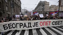 Students in Belgrade carry banner reading: "Belgrade is the world again" during a protest after a concrete awning fell and killed 15 people in Novi Sad, 25 December 2024