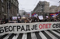Students in Belgrade carry banner reading: "Belgrade is the world again" during a protest after a concrete awning fell and killed 15 people in Novi Sad, 25 December 2024
