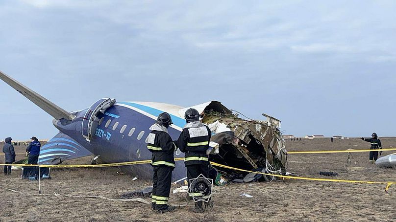 The wreckage of Azerbaijan Airlines Embraer 190 lies on the ground near the airport of Aktau in Kazakhstan, 25 December, 2024 