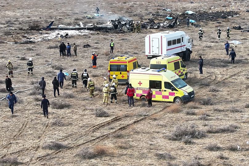 The wreckage of Azerbaijan Airlines Embraer 190 lays on the ground near the airport of Aktau, Kazakhstan, Wednesday, Dec. 25, 2024