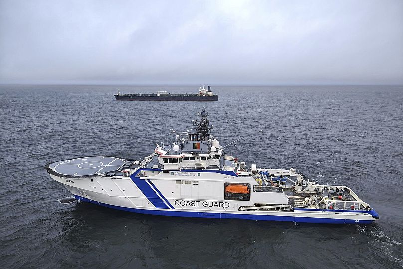 The oil tanker Eagle S and the Finnish Border Guard ship Turva at sea outside Porkkalanniem, 26 December, 2024