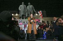 FILE -Outgoing Georgian President Salome Zourabichvili speaks at an anti-government rally outside the Parliament building in Tbilisi, Georgia, Sunday, Dec. 22, 2024.