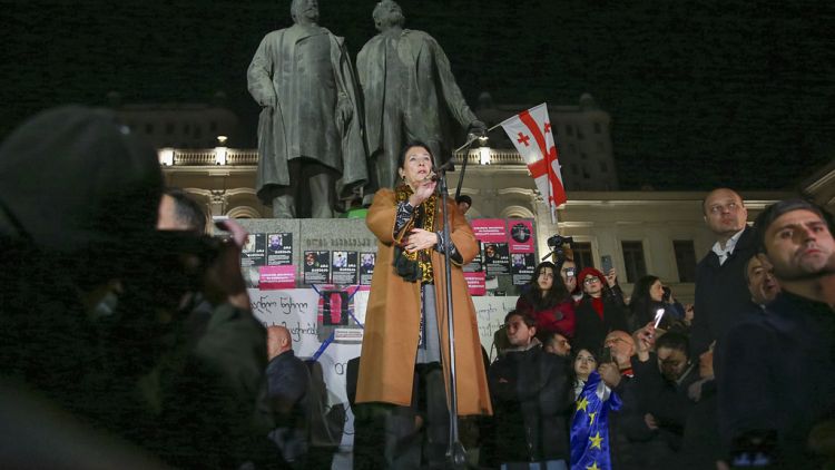 FILE -Outgoing Georgian President Salome Zourabichvili speaks at an anti-government rally outside the Parliament building in Tbilisi, Georgia, Sunday, Dec. 22, 2024.