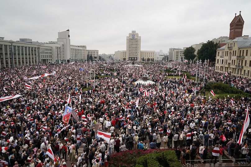 Belarusian opposition supporters rally at Independence Square in Minsk, 23 August, 2020