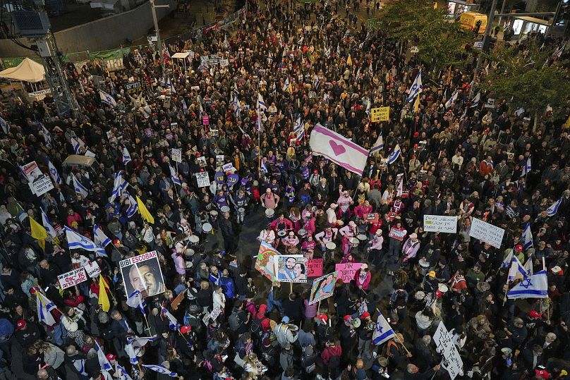 Israelis protest against Prime Minister Benjamin Netanyahu's government in Tel Aviv and call for the release of hostages held in Gaza Strip by Hamas, 28 December, 2024