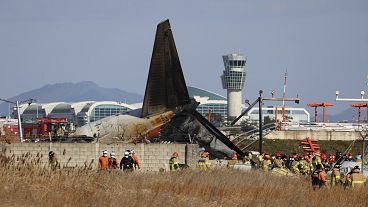 Firefighters work to extinguish a fire off the runway of Muan International Airport in South Korea, 29 December, 2024