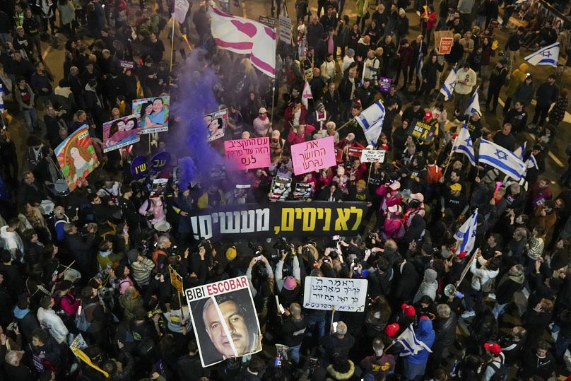 Israelis call for the release of hostages held in the Gaza Strip by Hamas in Tel Aviv, 28 December, 2024