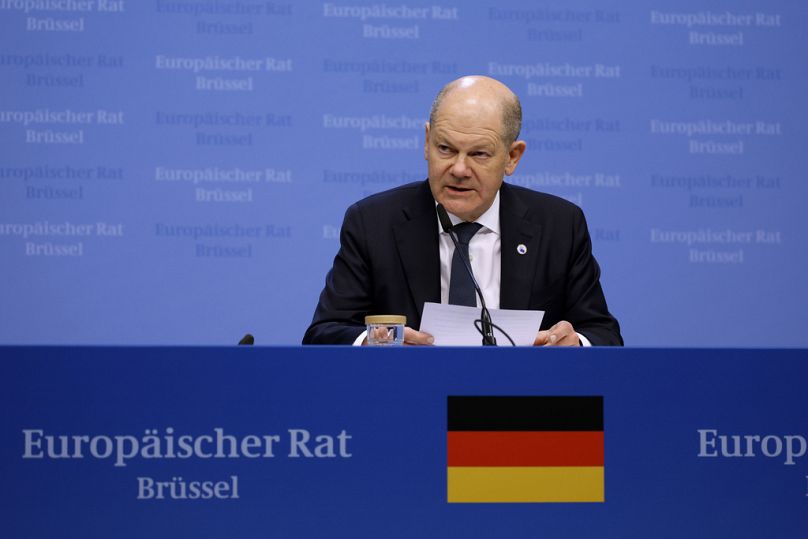 Olaf Scholz német kancellár Brüsszelben 2024 decemberében az uniós csúcson