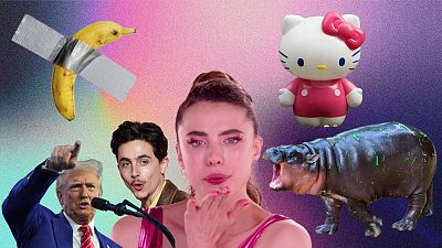 Donald Trump, the famous duct-taped banana, Timothée Chalamet, Margaret Qualley in 'The Substance', Hello Kitty and Moodeng the hippo. 